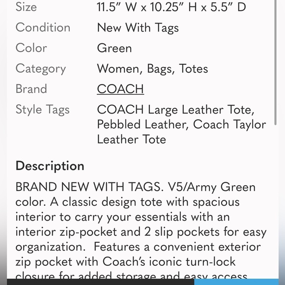 COACH ARMY GREEN TOTE LIKE NEW - Picture 10 of 11